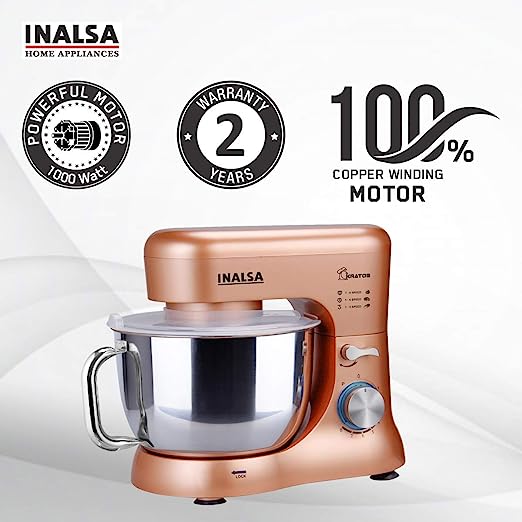 INALSA Stand Mixer Kratos-1000W | 100% Pure Copper Motor| 5L SS Bowl| 8 Speed Control| Tilt Head| Includes Whisking Cone, Mixing Beater & Dough Hook| 2 Years Warranty, (Champagne) INALSA Stand Mixer Kratos-1000W | 100% Pure Copper Motor| 5L SS Bowl| 8 Speed Control| Tilt Head| Includes Whisking Cone, Mixing Beater & Dough Hook| 2 Years Warranty, (Champagne)